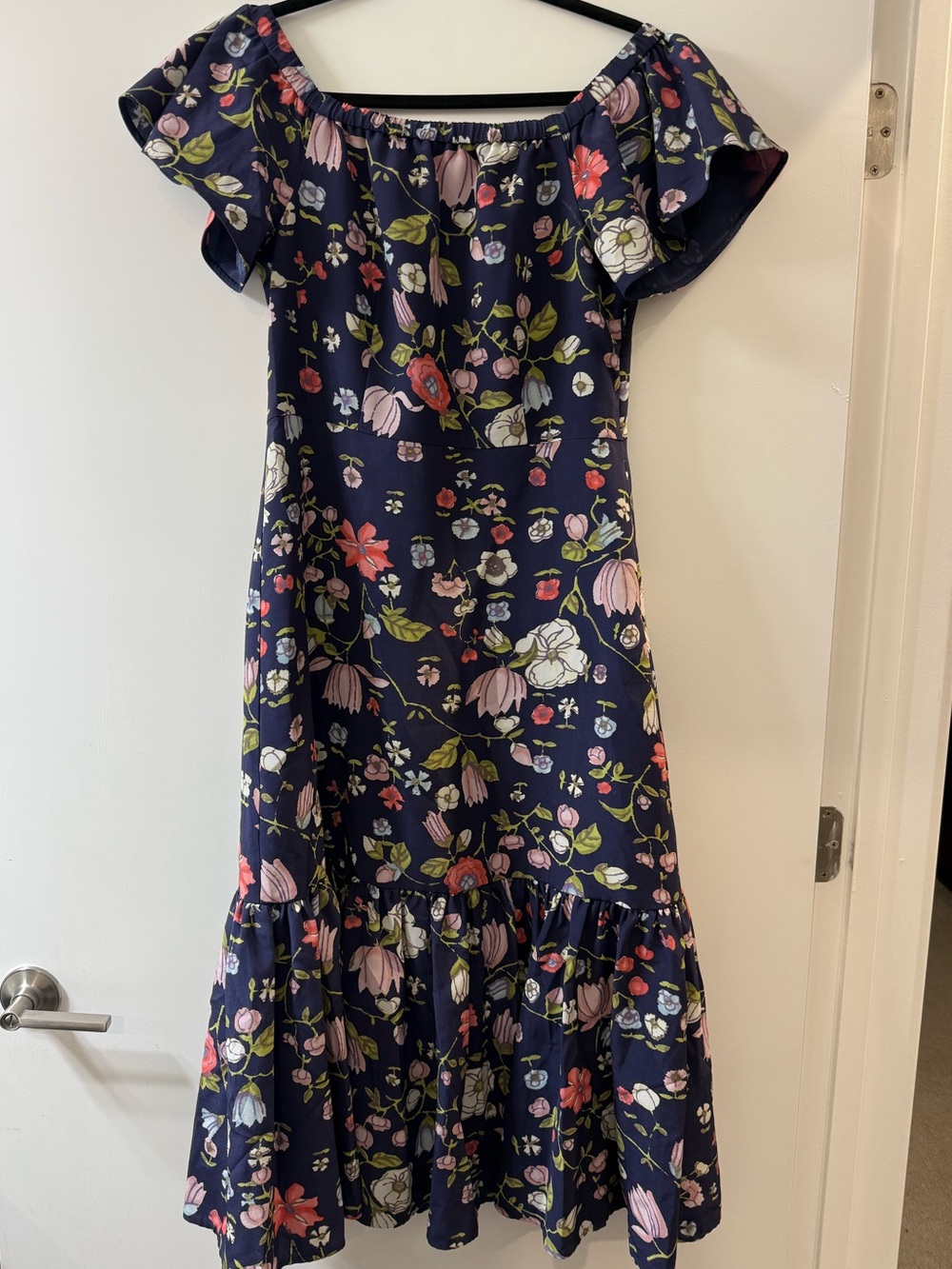 Rebecca Taylor Navy Floral Off-Shoulder Midi Dress